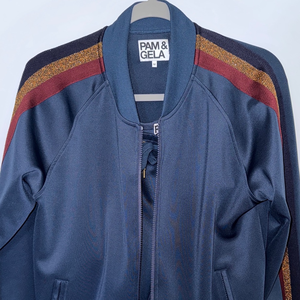 Pam & Gela Navy Track Jacket with Burgundy and Gold Stripes